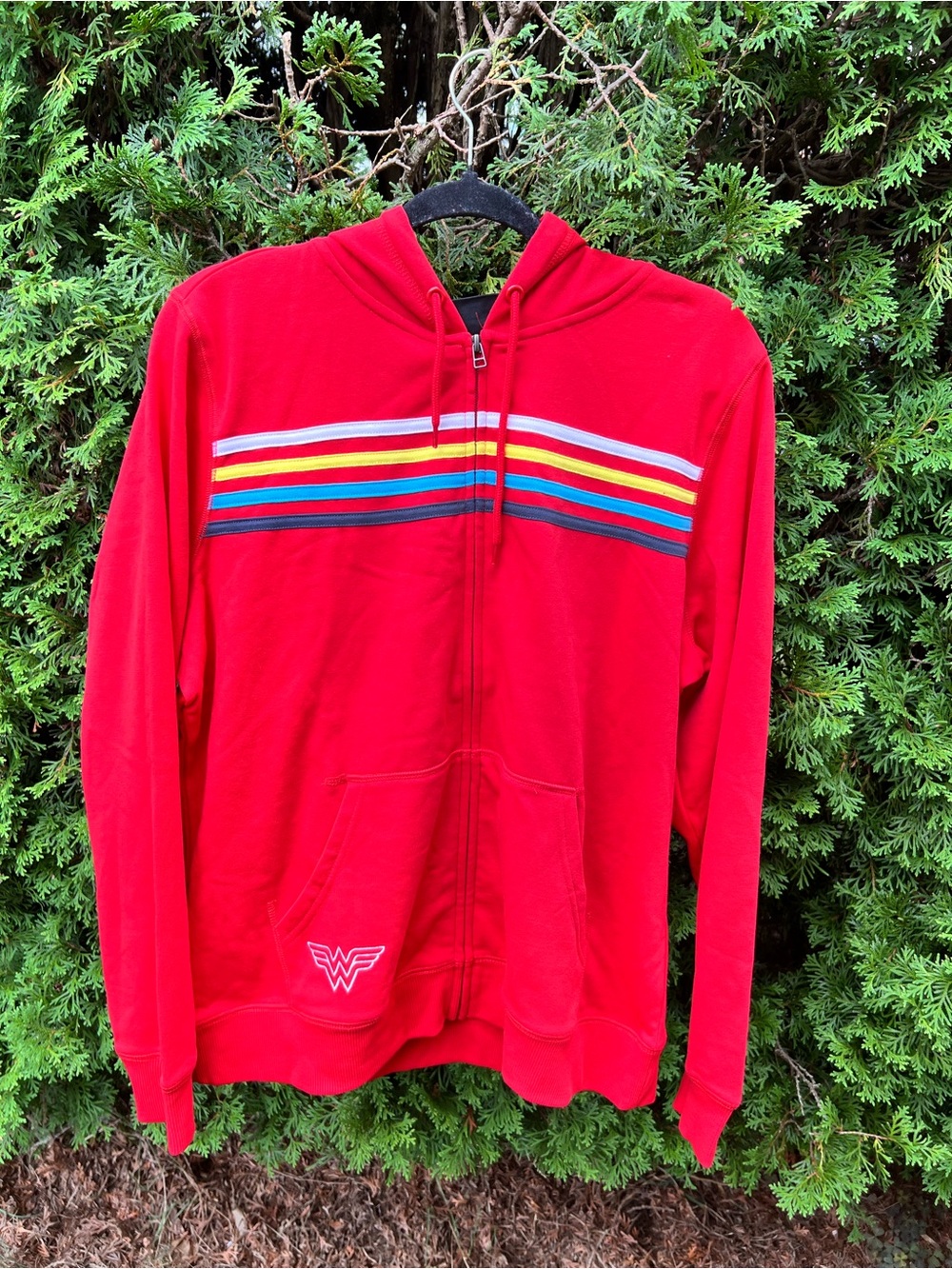 Warner Bros. Wonder Woman Red Zip Hoodie with Rainbow Chest Stripes